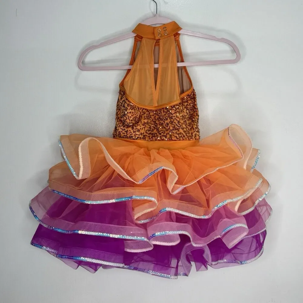 Weissman Orange Dance Costume IC Lets Fly Sequins Jewel Curly Hem Tricot Skirt